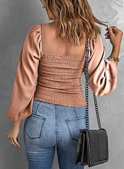 Women Solid Square Neck Long Sleeve Lantern Sleeve Pleated Top 9