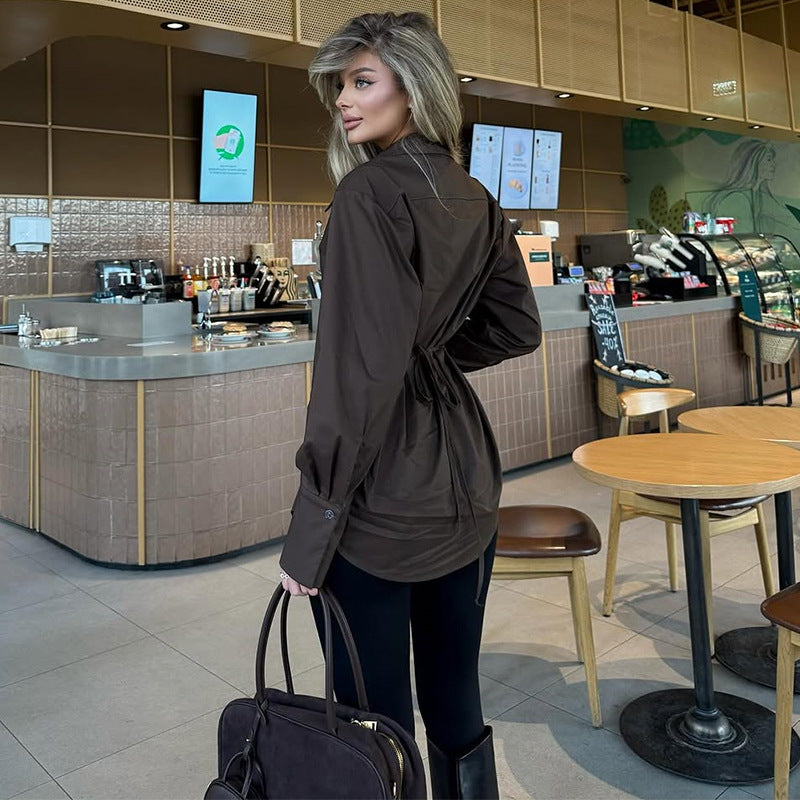 Women Summer Turndown Collar Long Sleeve Shirt Top 6