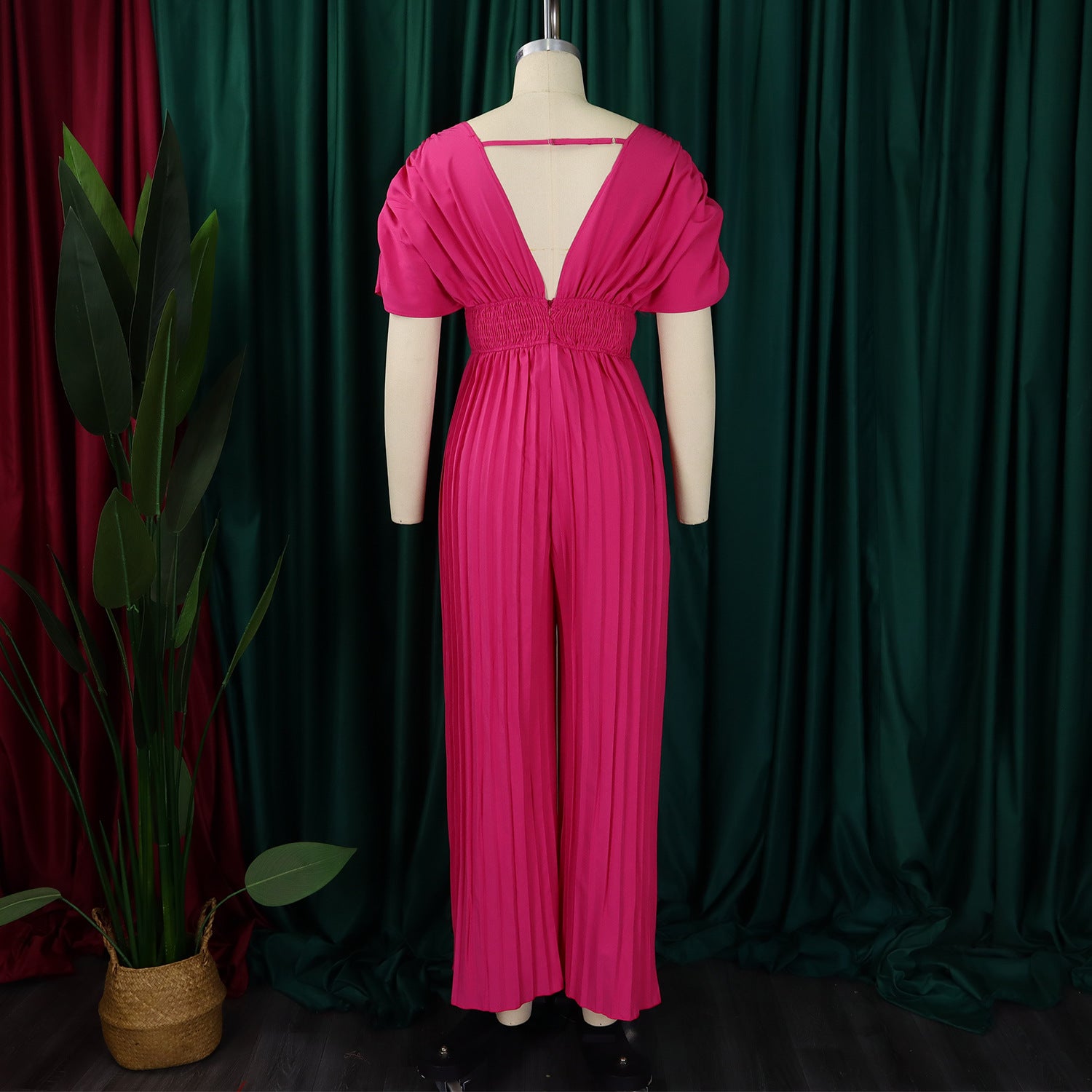 Women V-Neck Solid Sexy Pleated Jumpsuit 13