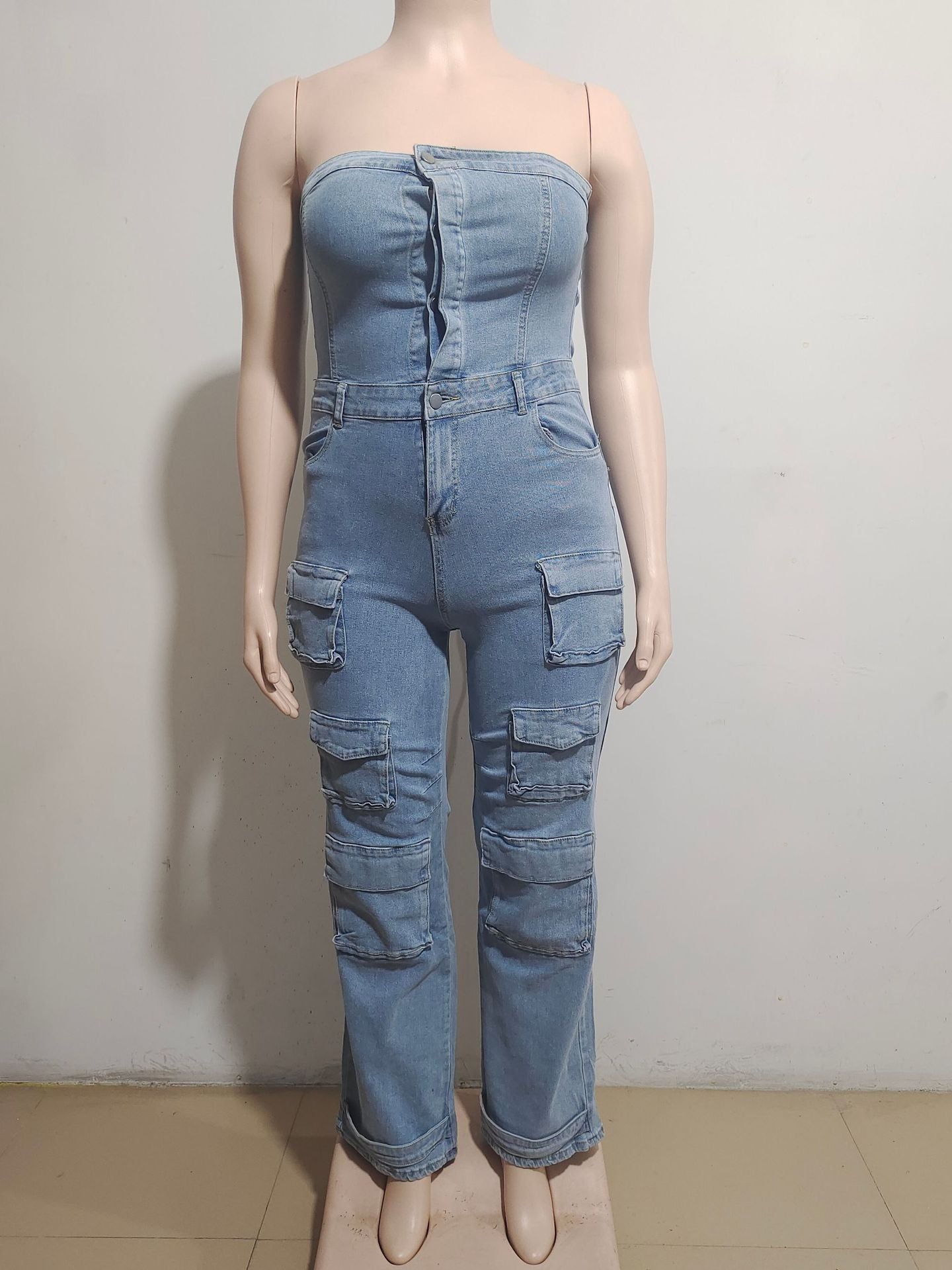 Women Strapless Cargo Denim Jumpsuit 4