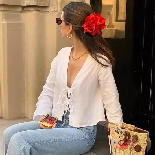 Women's Deep V Bell Bottom Sleeve Lace-Up Tops 7