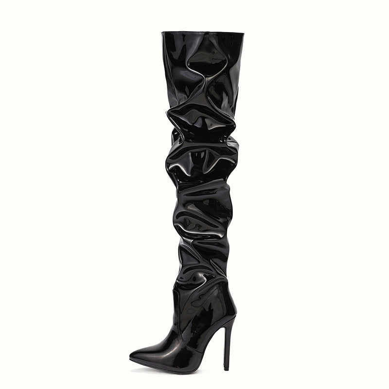 Women Pointed Toe Pu Leather Tall Black Zip Stiletto Boots 9