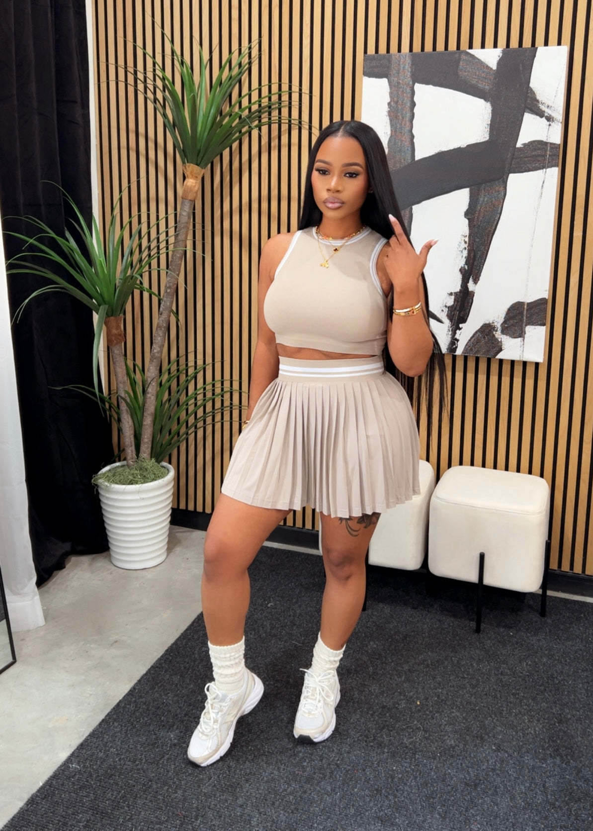 Women's Sleeveless Pleated Vest and Skirt Casual Set 14