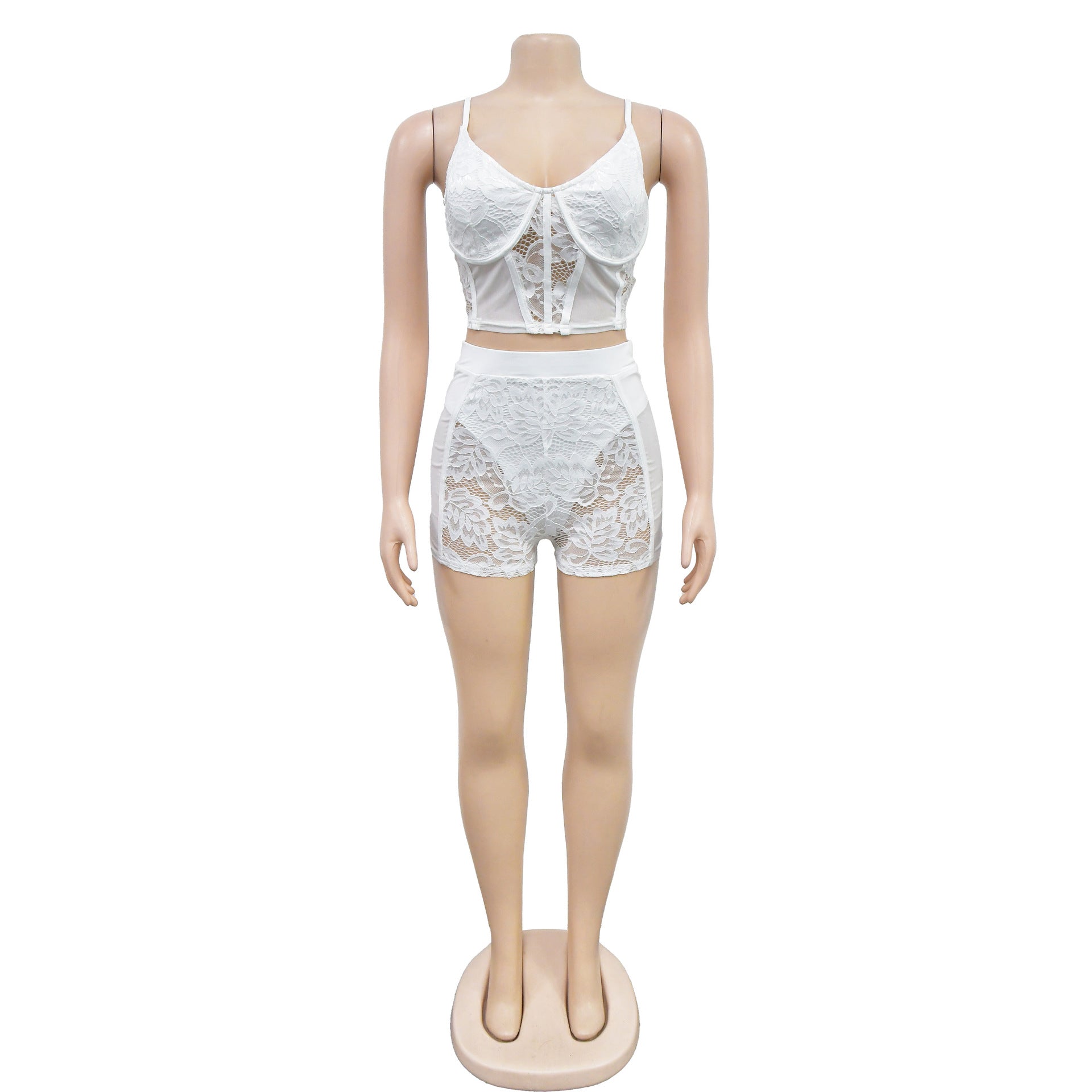 Women Solid Sexy Lace Sleeveless Top and Shorts Two-piece Set 20