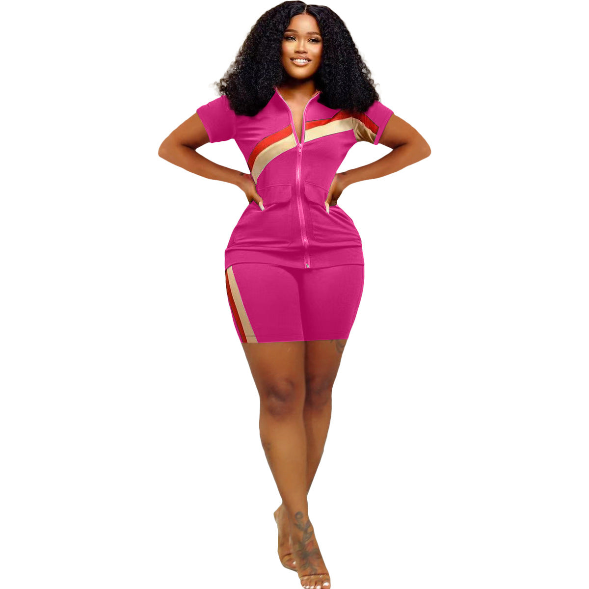 Women's Sports Casual Fashion Zip Pocket Top Shorts Two-Piece Set 17