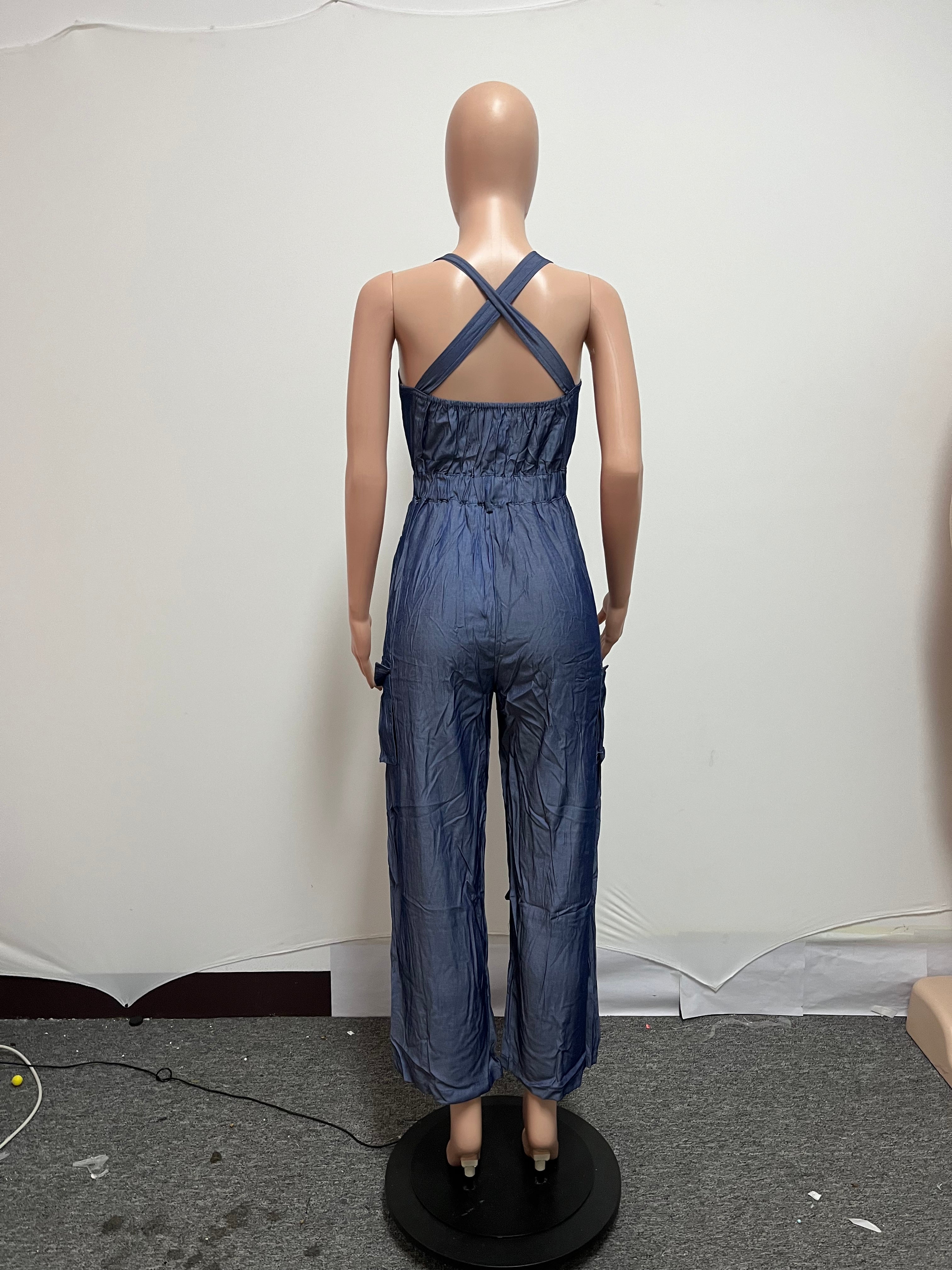 Women Extra Large Belt Bag Denim Jumpsuit 4