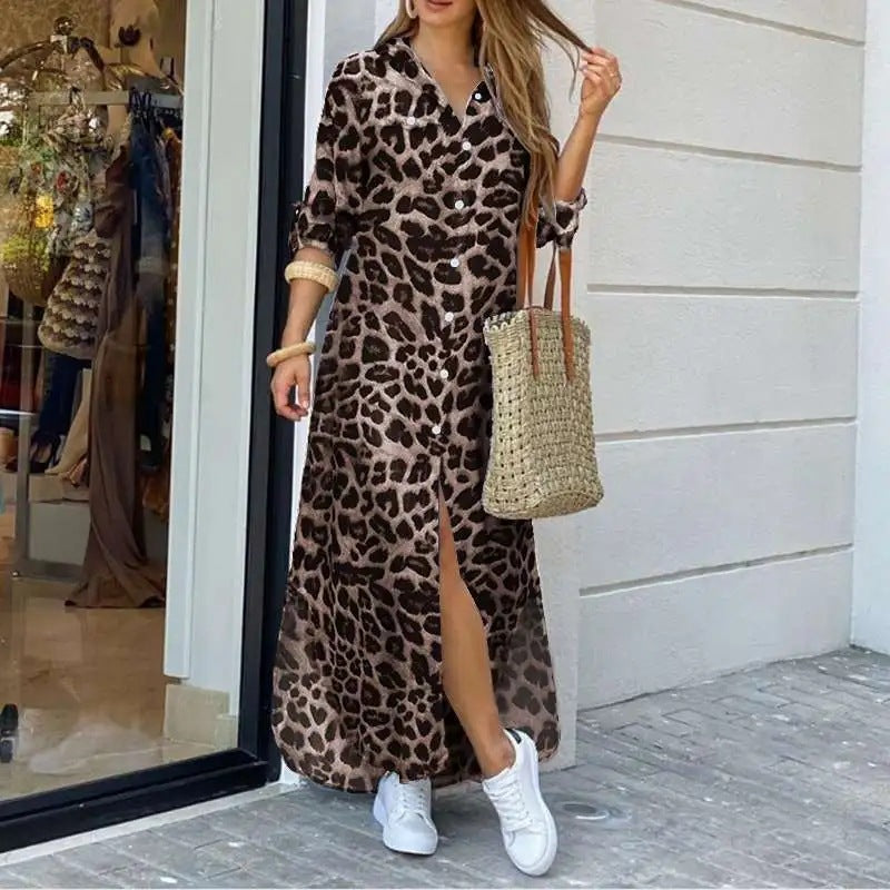 Autumn/Spring Casual Leopard Print High Slit Oversized Shirt Dress 3