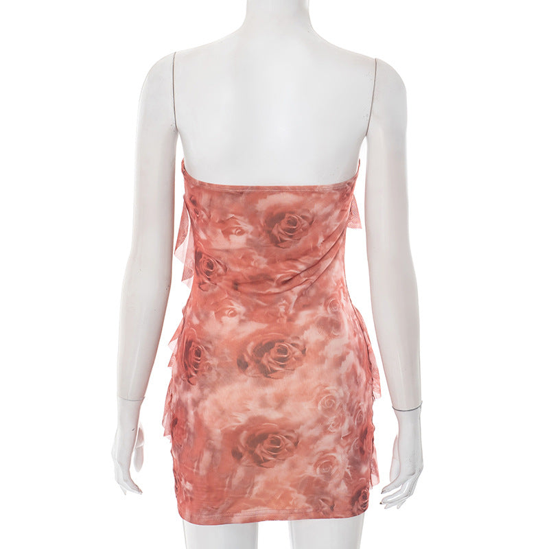 Women's Spring/Summer Flounce Mesh Strapless Mini Rose Print Bodycon Dress 5