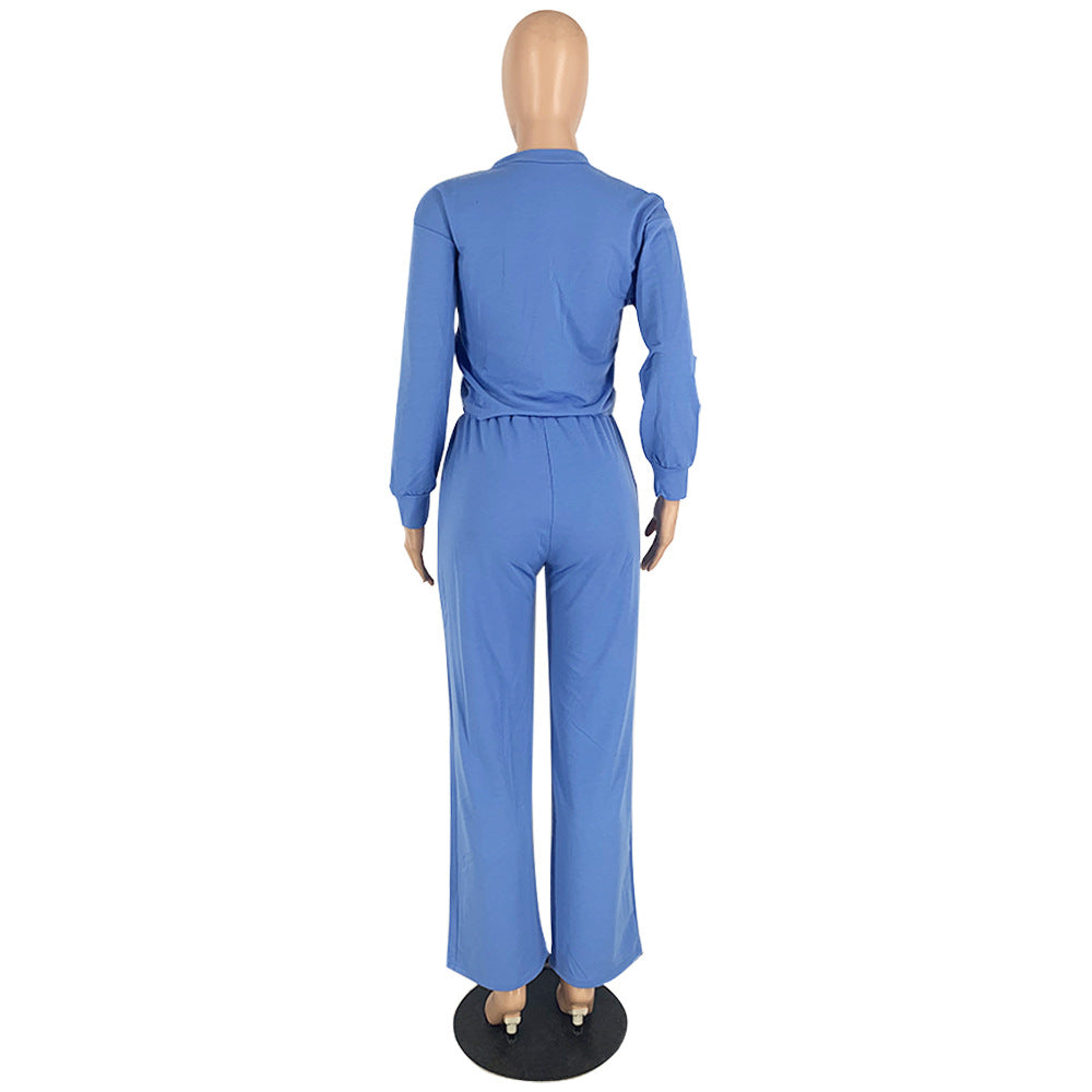 Solid Color Long Sleeve Pocket Straight Pants 2 Piece Set 55