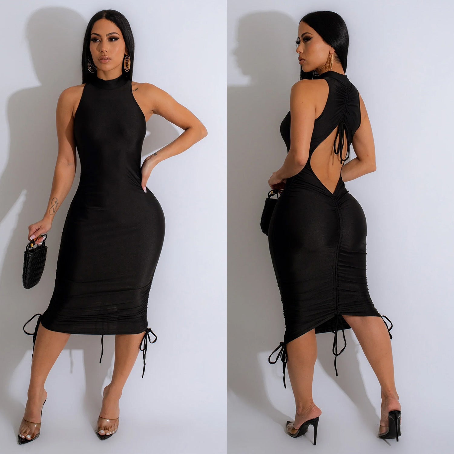 Women's Fashion Solid Color Sexy Sleeveless Low Back Pleated Drawstring Bodycon Dress 10