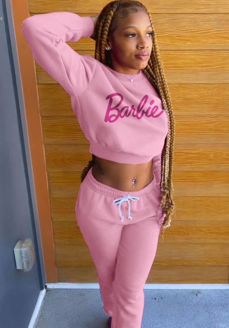 Winter Casual Letter Printed Pink Rouned Neck Long Sleeve Sweatshirt And Sweatpants Two Piece Wholesale Sportswear