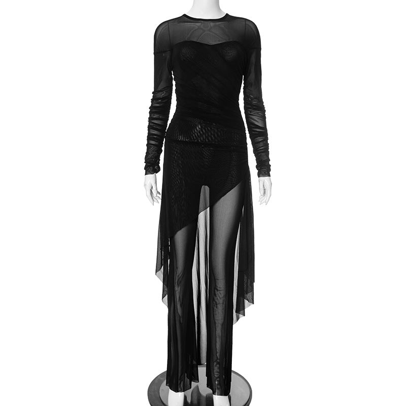 Spring Summer Round Neck Mesh See Through Irregular Zipper Pants Set 5