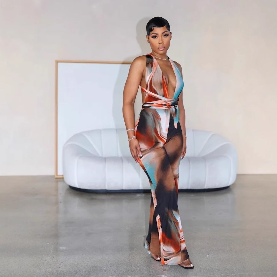 Women sexy print Backless Halter Neck Jumpsuits