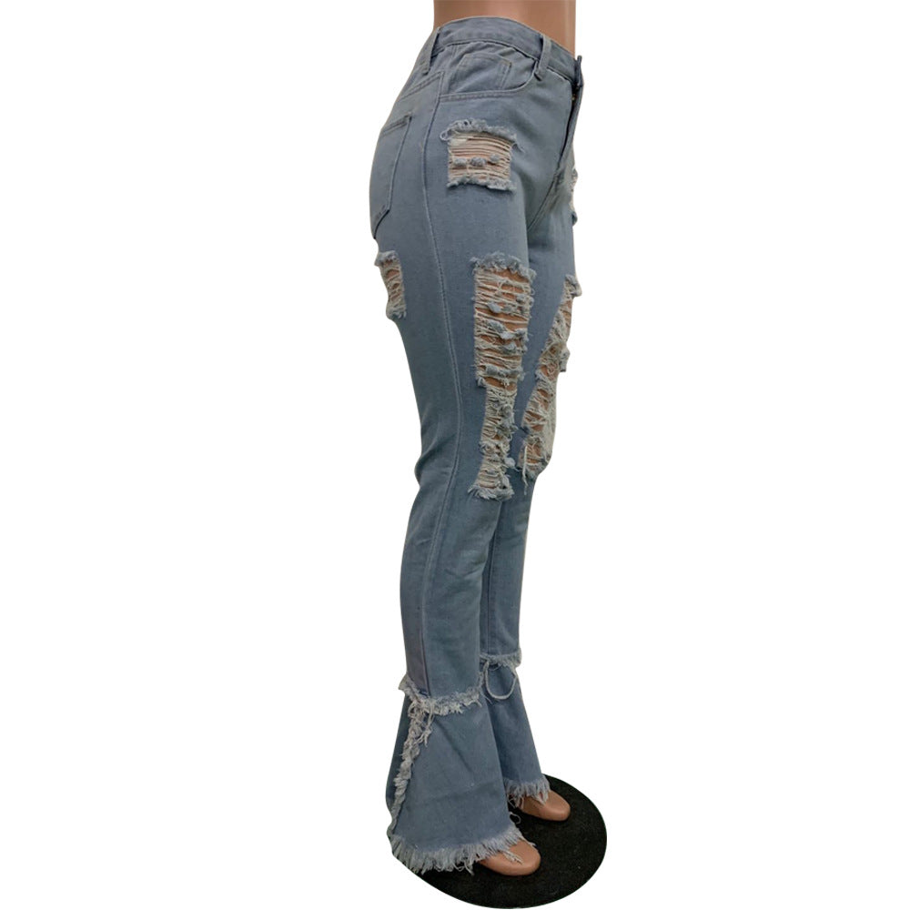 Women's Fringed Ripped Classic Denim Ruffle Trouser 26