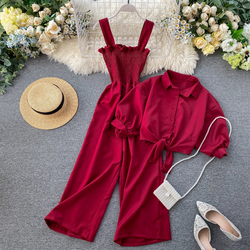 Women Holidays Stand Collar Short Sleeve Shirt and Suspender pleated wide-leg jumpsuit two-piece set