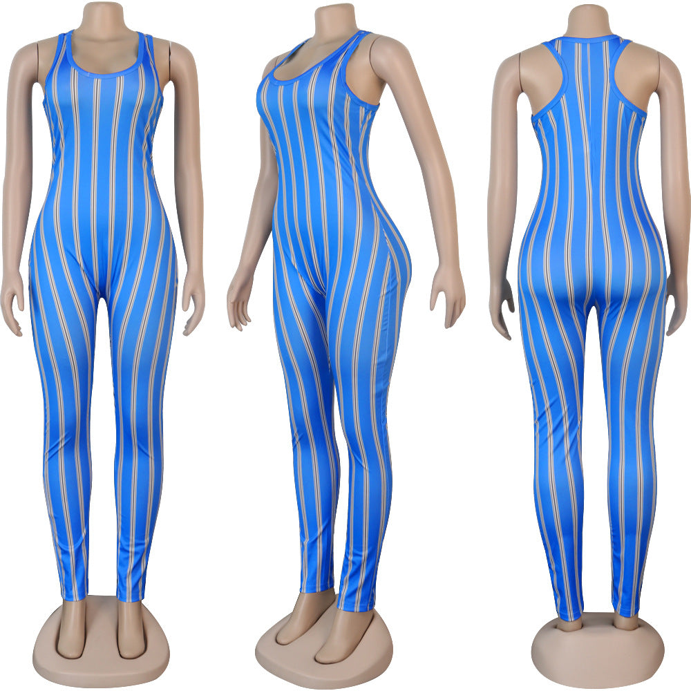 Women Sexy Sleeveless Striped Print Jumpsuit 13