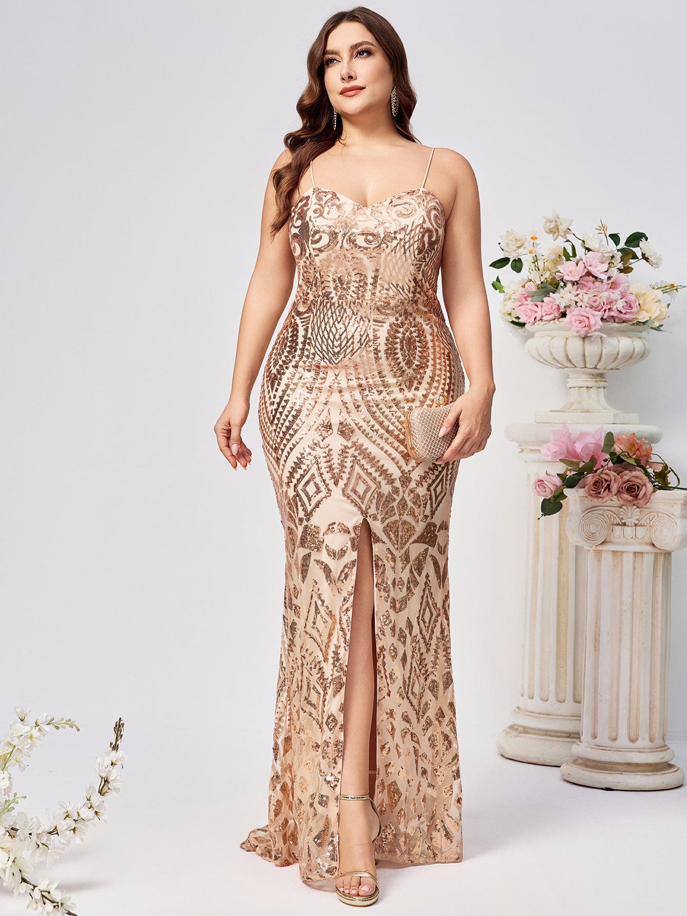 Plus Size Women Strap Sequin Fishtail Party Evening Dress 3