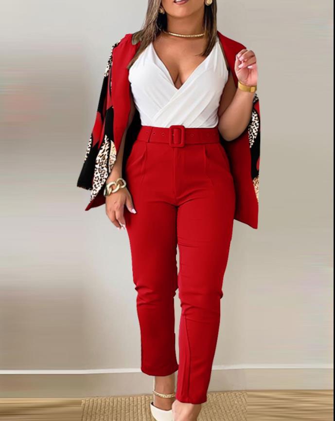 Women Printed Casual Blazer and Pant Two-Piece Set with Belt 16