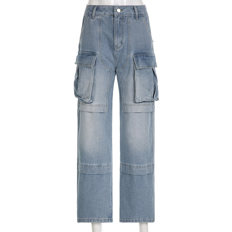 Women Pocket Loose Washed Cargo Denim Pants 9