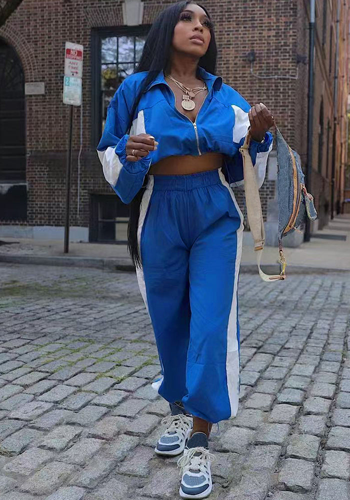 Women Casual Long Sleeve Zipper Top Drawstring Straight Pants Two-piece Set