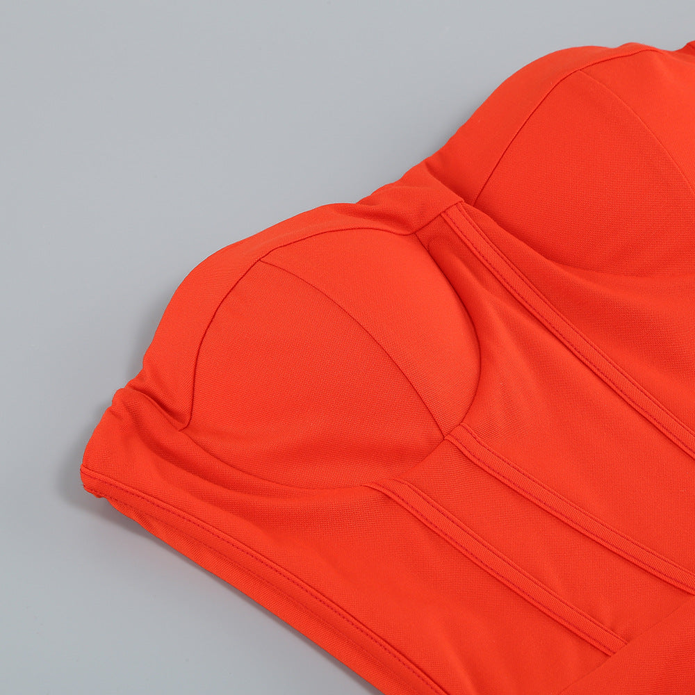 Women Sexy Strapless Backless Skirt Ruffled Slit Dress 16