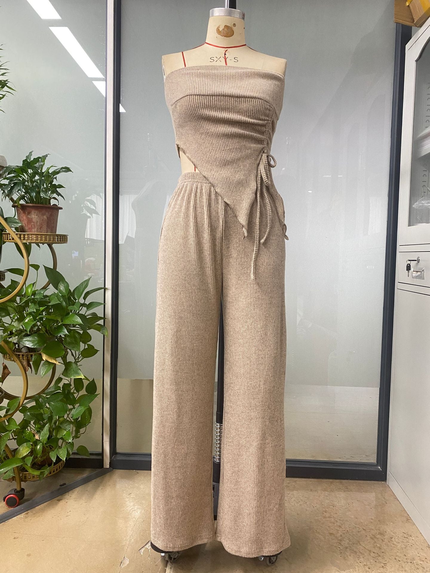 Women Summer Career Ribbed Sleeveless Tie Top and Pant Two-Piece Set 5