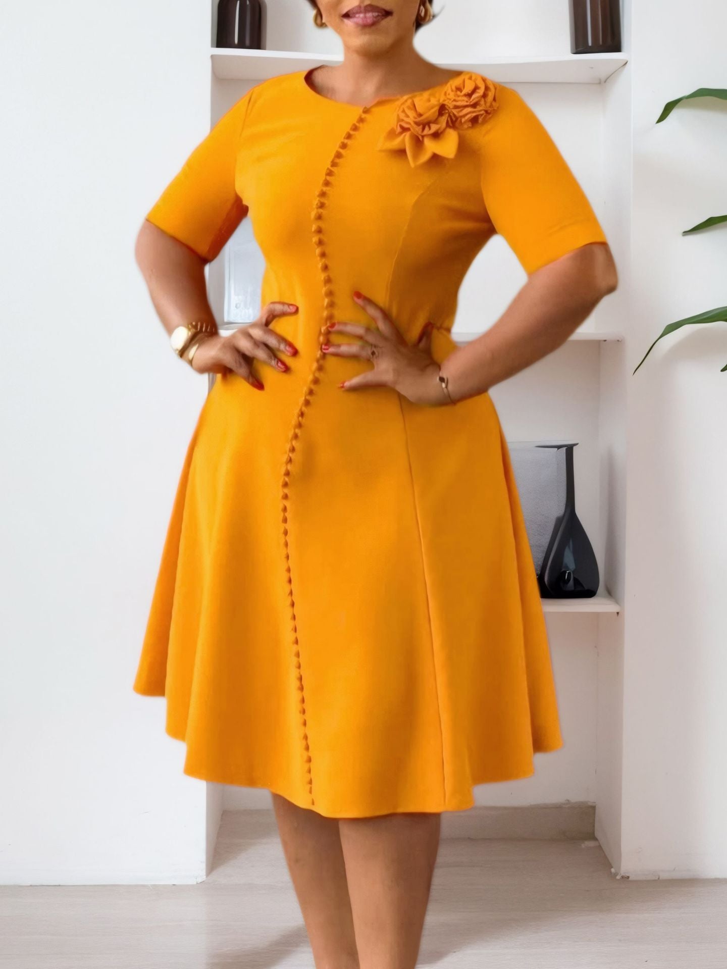 Women's short-sleeved solid color Round Neck Chic elegant African dress 9