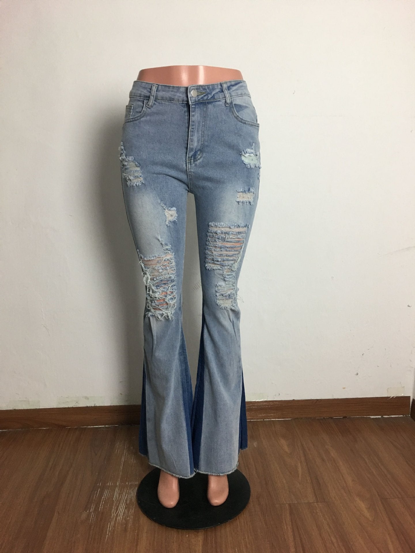 Women Casual Ripped Washed Bell Bottom Denim Pants 10