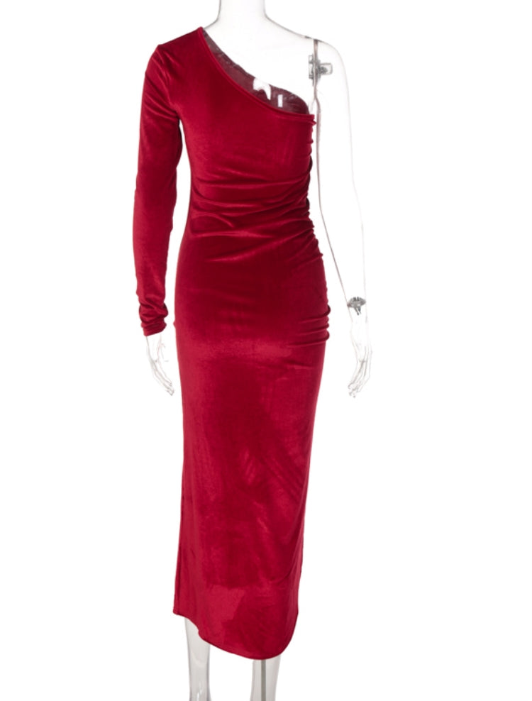 Winter Red One Shoulder Slit Ruched Velvet Party Dress 6