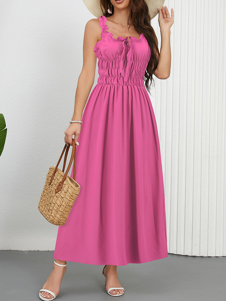 Women Spring And Summer Casual Solid Color Slim Waist Strap Holidays Long Dress 4