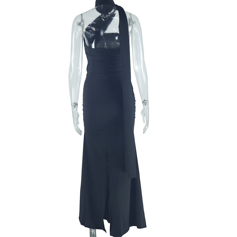 Women Sexy Backless Solid Halter Neck Slit Dress 9