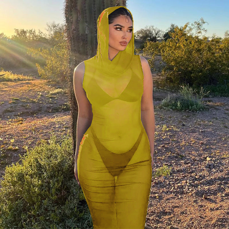 Women Casual beach fun See-Through Mesh hooded sexy Maxi Dress 5