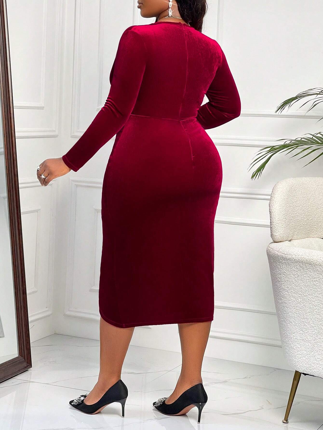 Autumn And Winter Women's Sexy V-Neck Burgundy Midi Dress 5