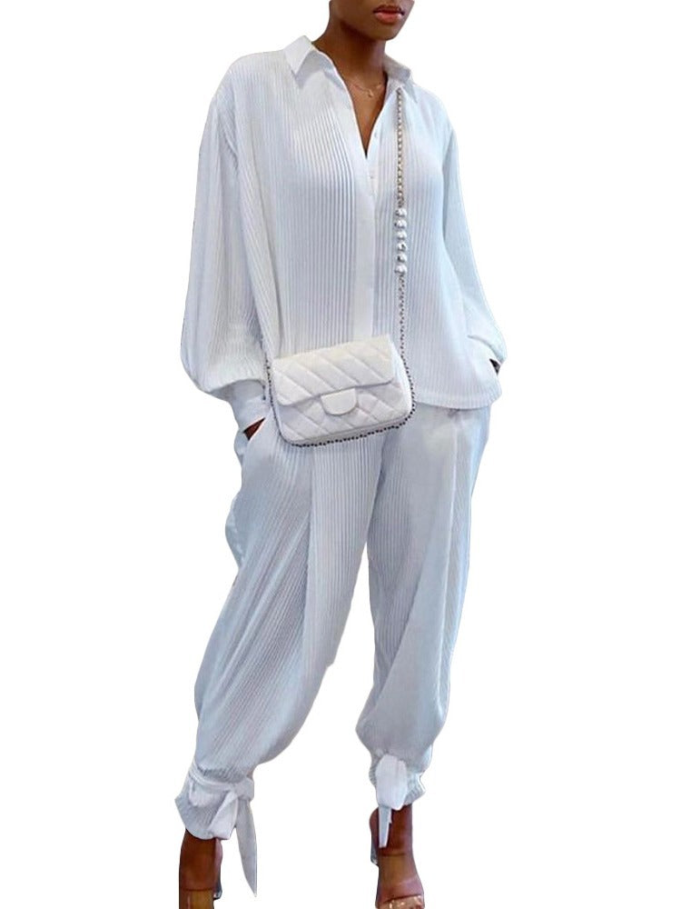 Women Autumn and Winter Solid Lace-Up Loose Ribbed Shirt and Pant Two-piece Set 4