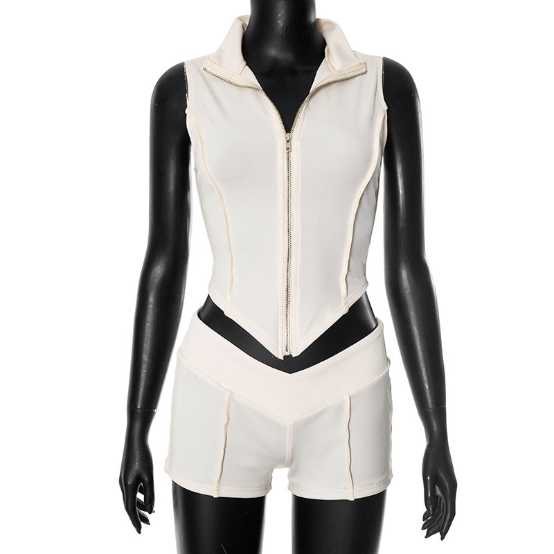 Spring Summer Women's Zipper Turndown Collar Sleeveless Crop Top High Waist Tight Shorts Two Piece Set 11