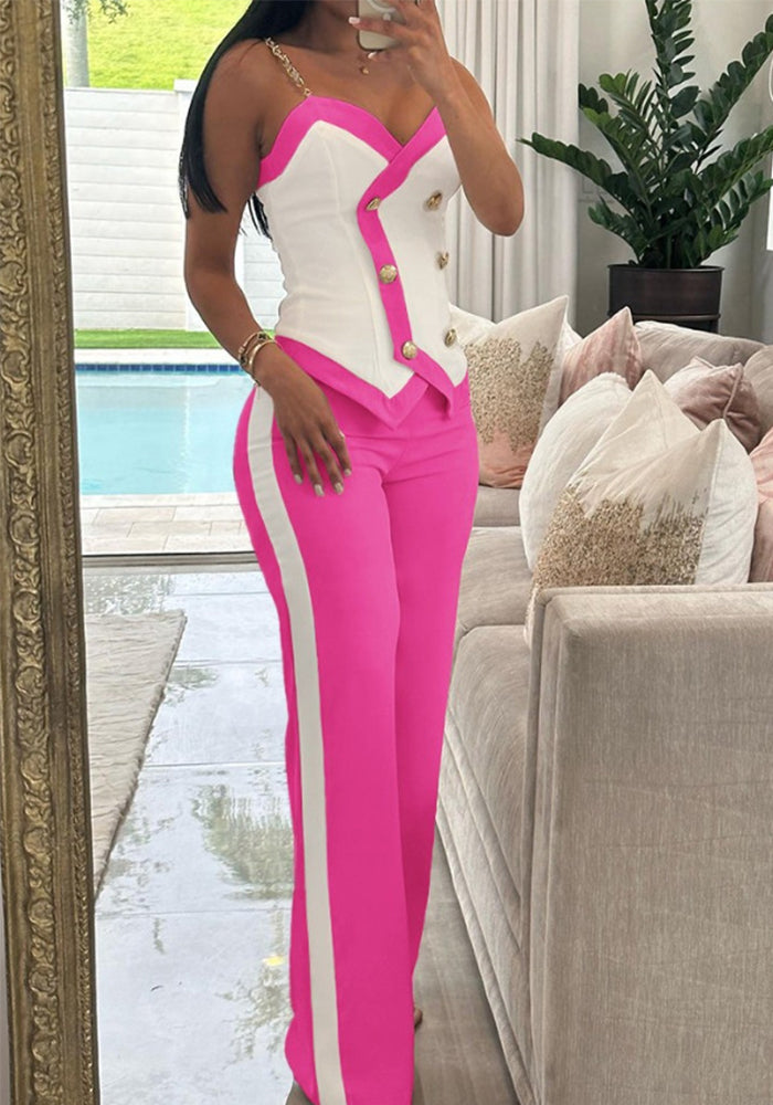 Fashion Printed Double-Breasted Strap Women's Two Piece Pants Set