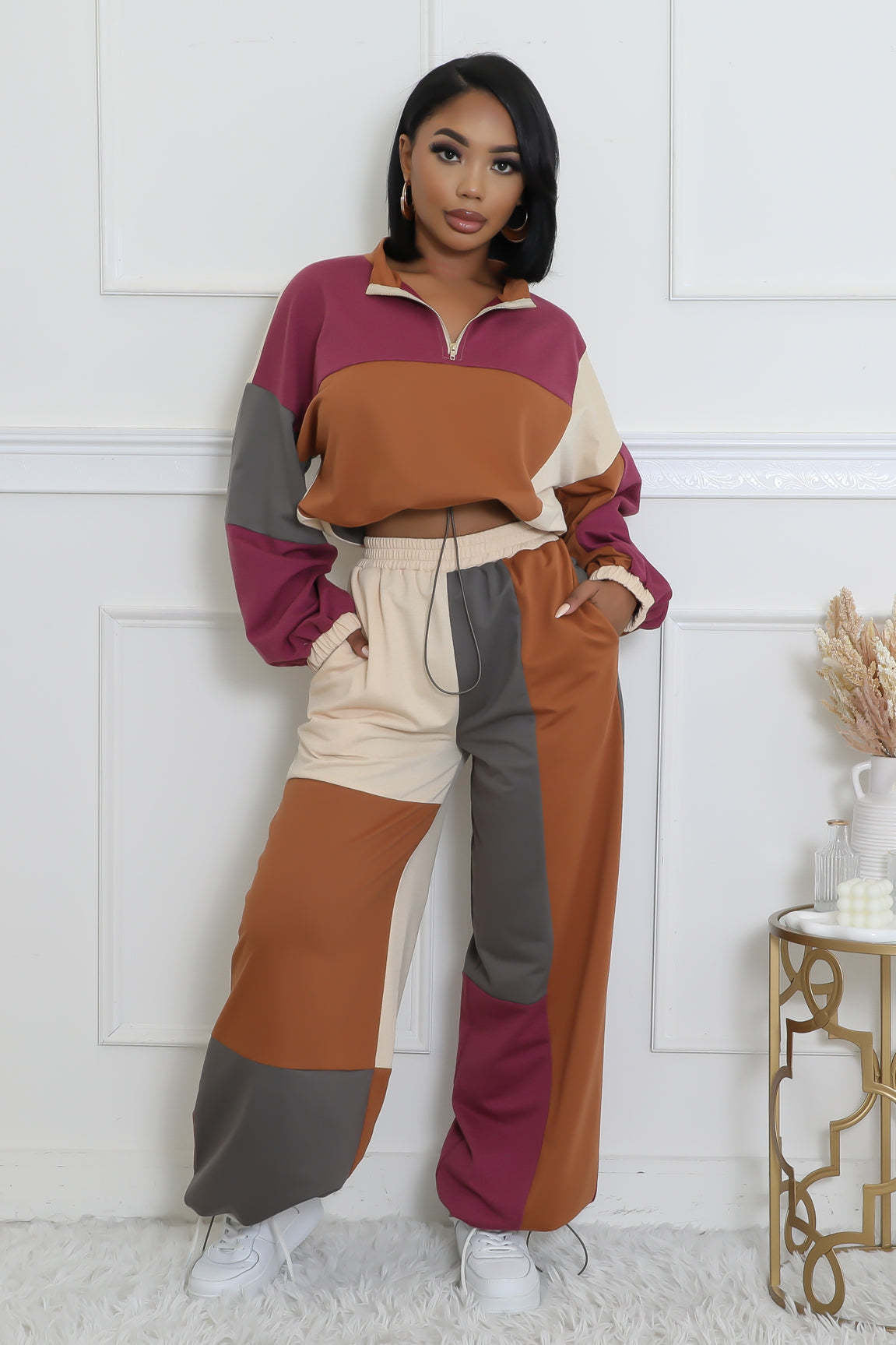 Sexy Sports Color Block Print Zipper Drawstring Design Two-Piece Pants Set 3