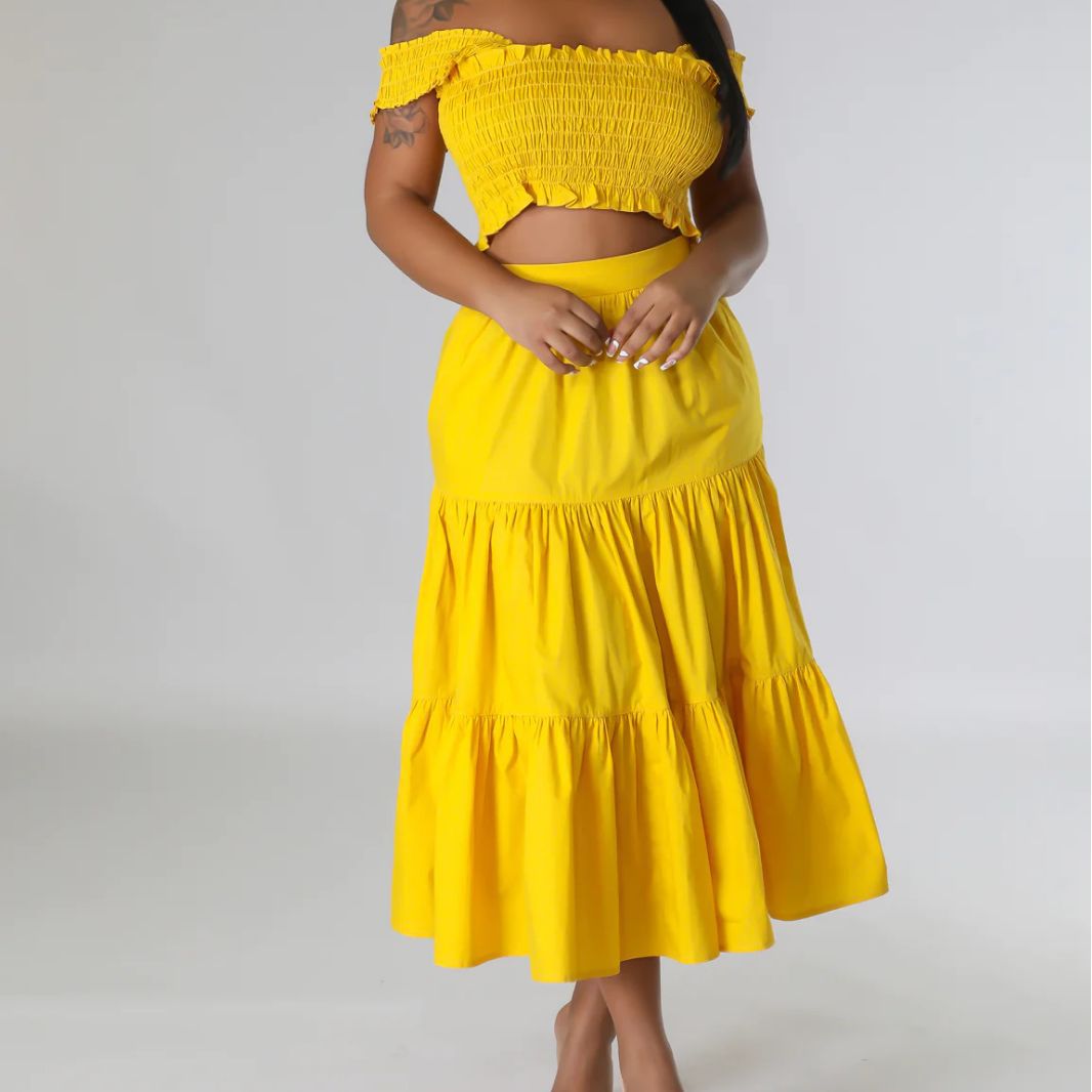 Summer Sexy Suspenders Two-piece Pleated Strapless Top High Waist Trendy Sexy Swing Skirt Set 4