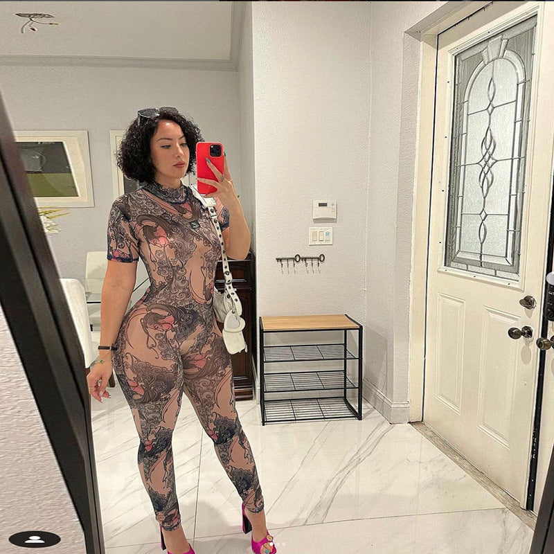 Summer Women's Sexy See-Through Mesh Print Hollow Low Back Tight Fitting Casual Jumpsuit 4