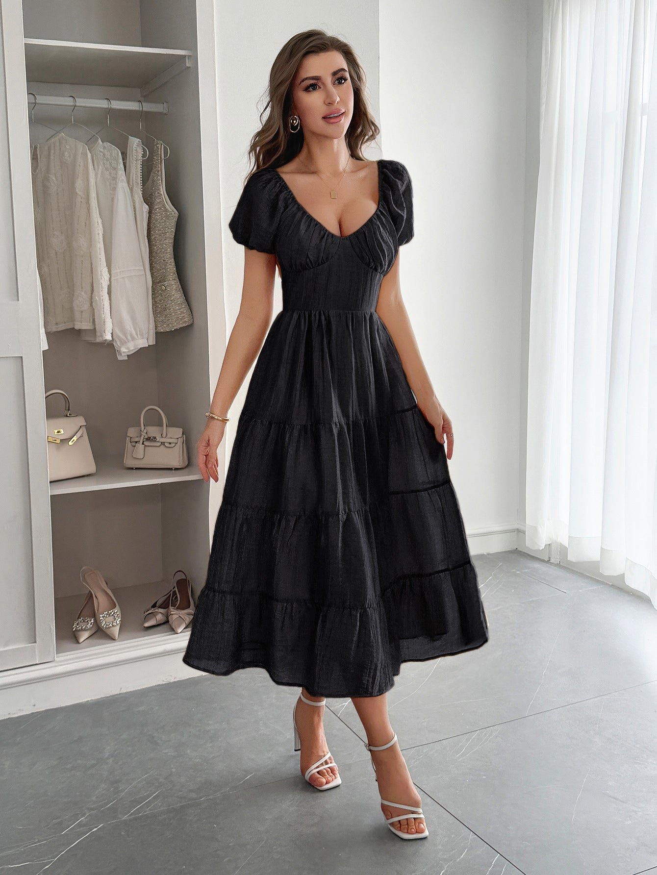 Spring-Summer Elegant Holiday Solid Short-Sleeve Maxi Dress for Women