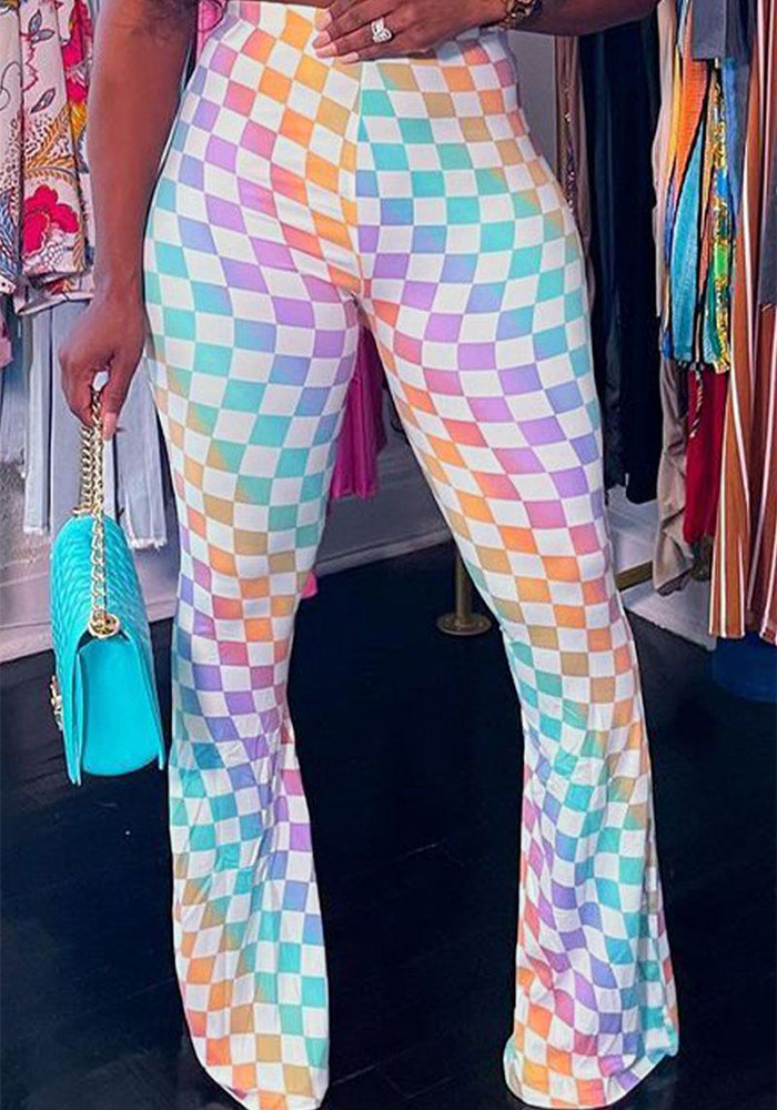 Plus Size Women Plaid Print Bell Bottom Pants