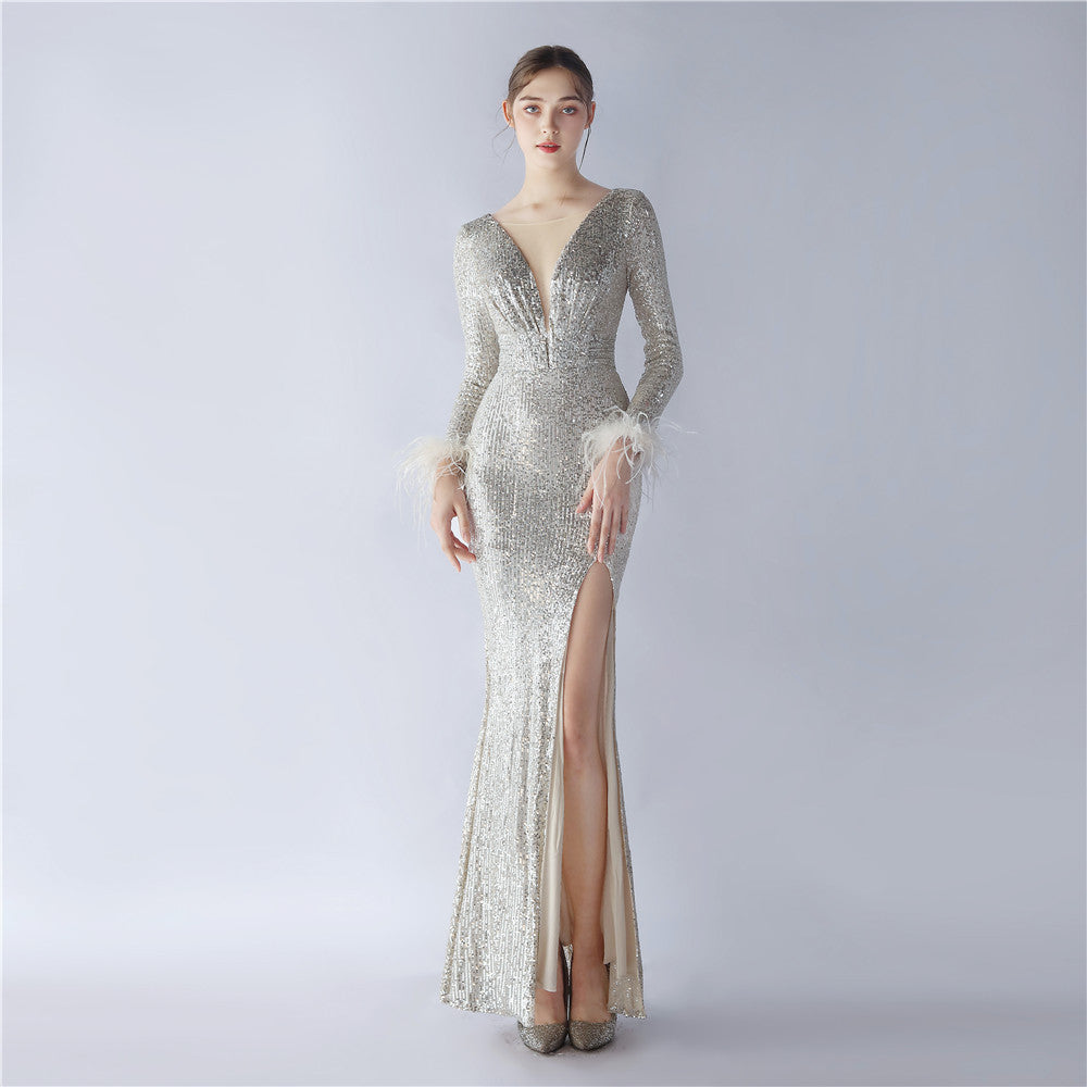Women Elegant Ostrich Feather Long Sleeve Sequined Formal Party Evening Dress 13