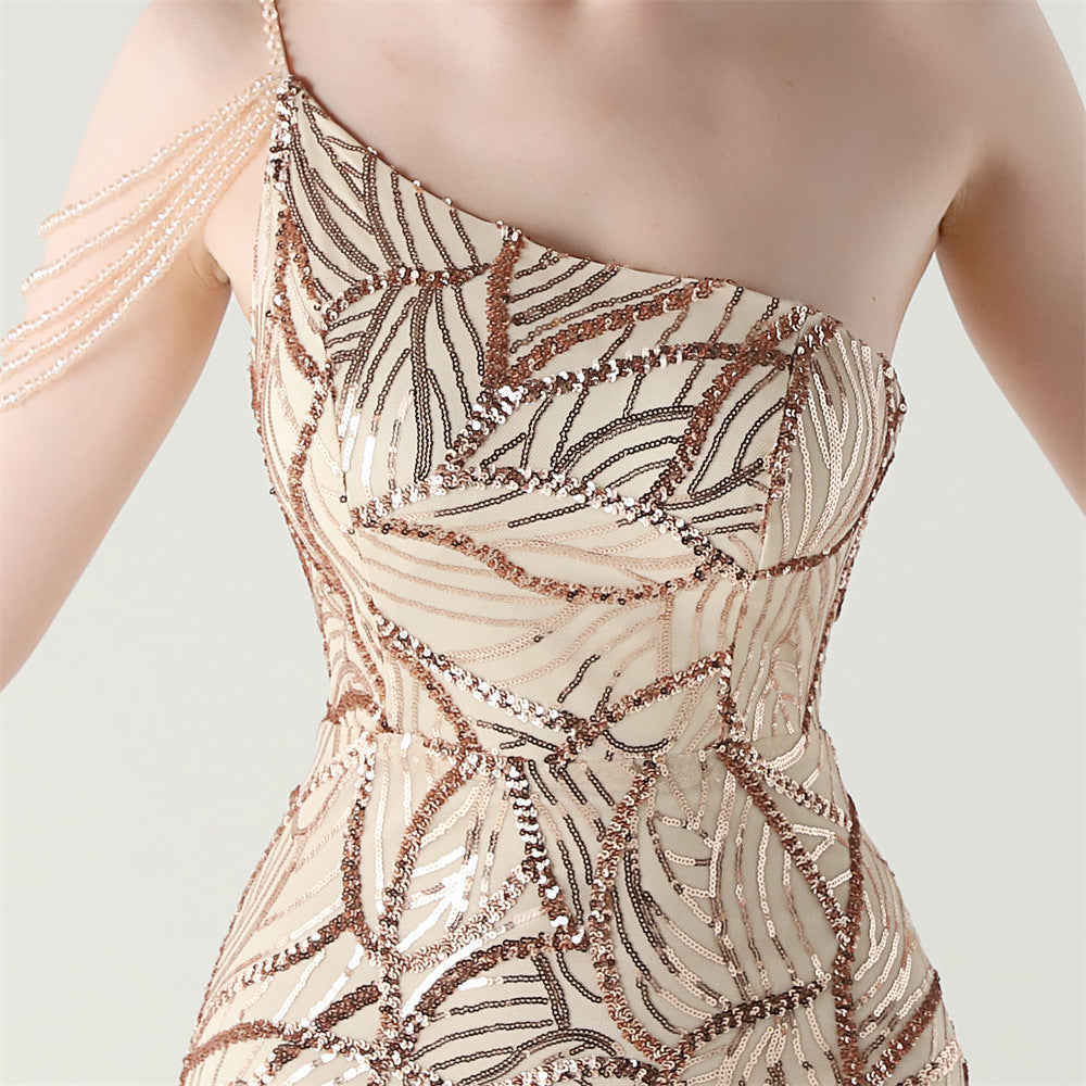 Women One Shoulder Beaded Sequin Embroidery Formal Party Prom Wedding Evening Dress 68