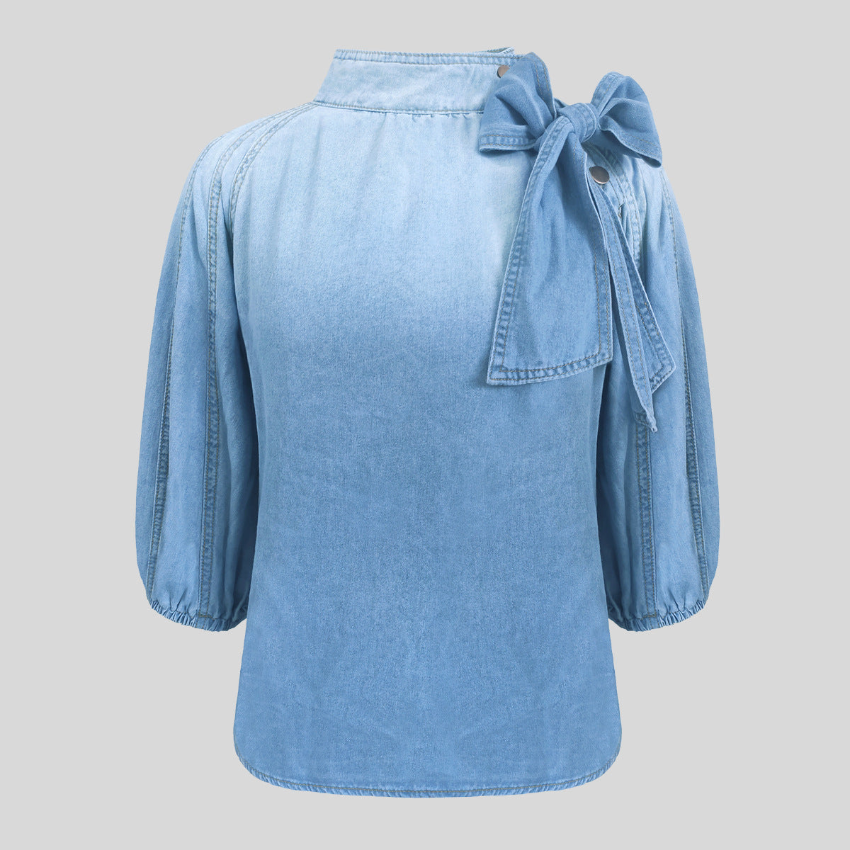 Spring And Autumn Light Blue Five-Point Sleeve Puff Sleeve Pullover Denim Top 5