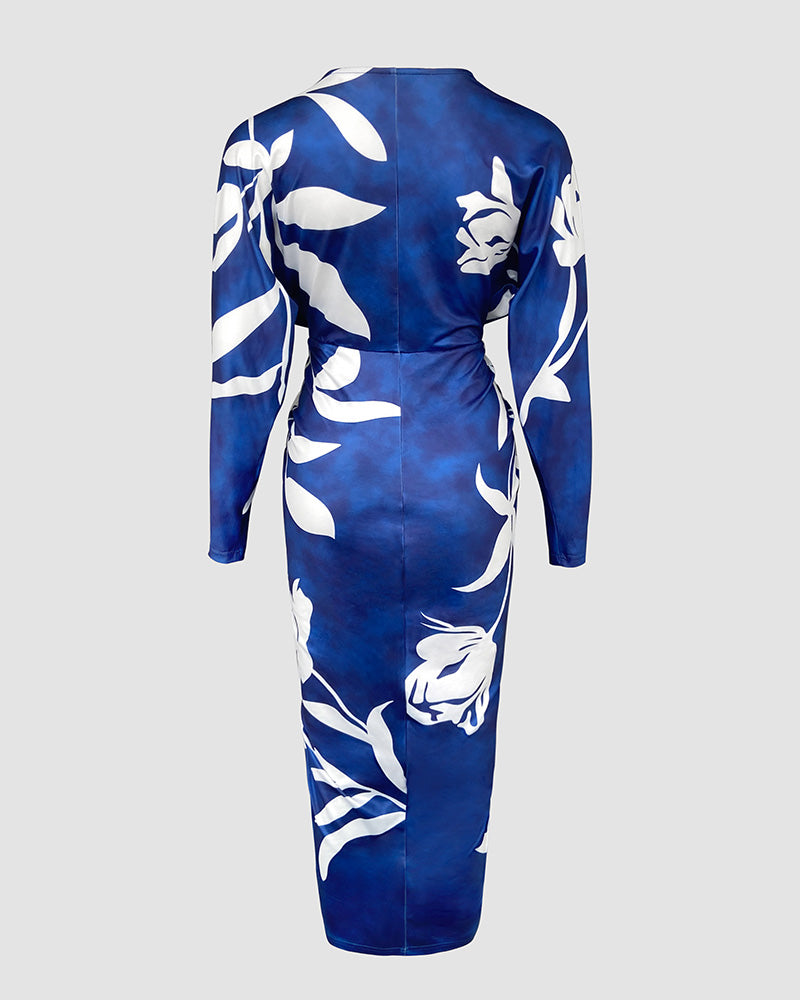 Fashion Tropical Leaf Print V-Neck Slim Waist Slit Long Sleeve Dress 4