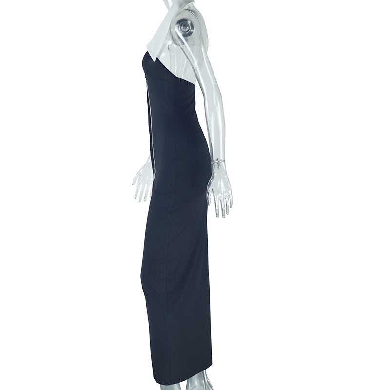 Women dress Turndown Collar color matching button sleeveless Casual Dress 6