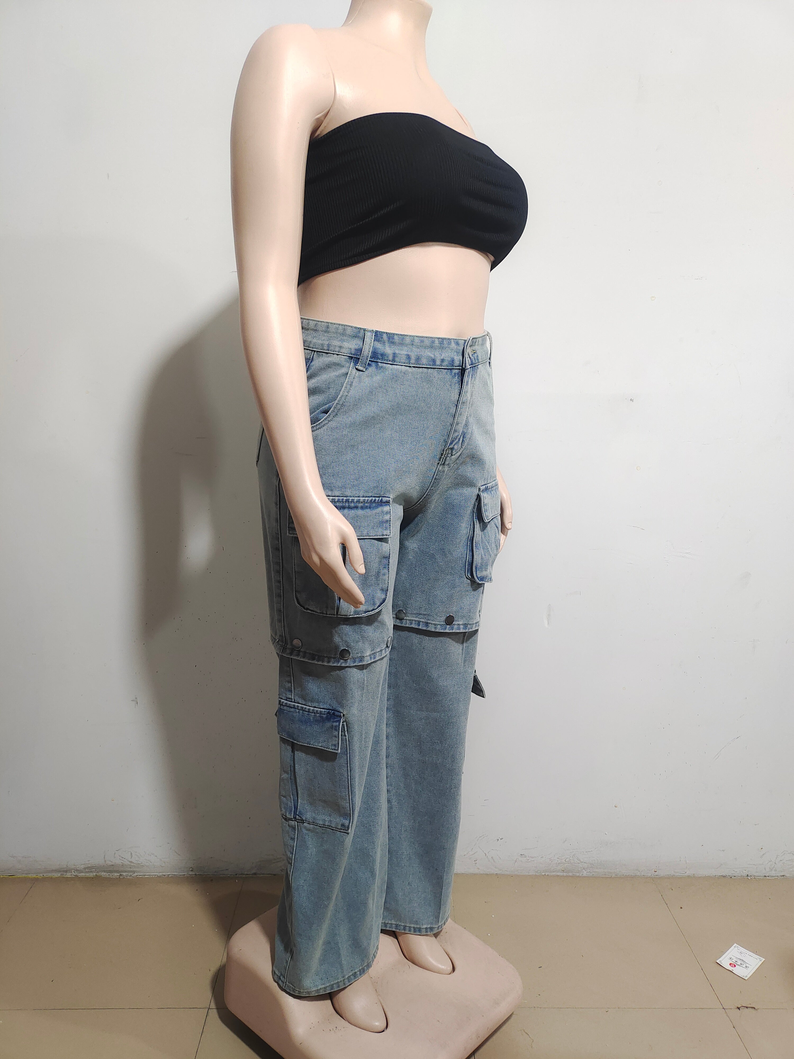 Women Pocket Removable Button Denim Pants 8