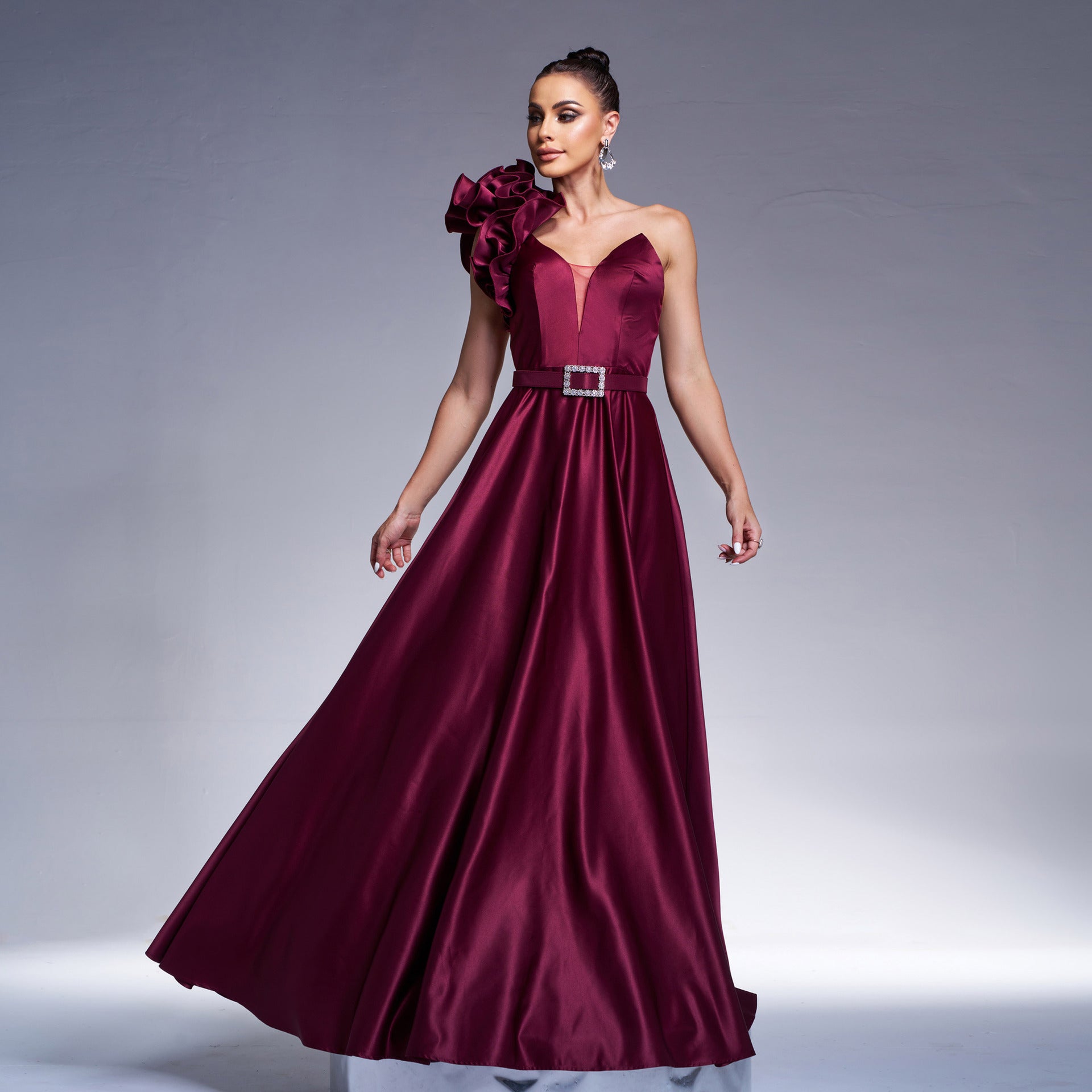 Chic One Shoulder Slash Shoulder Formal Party Slim Waist Evening Dress Women Bridesmaid Gown 3