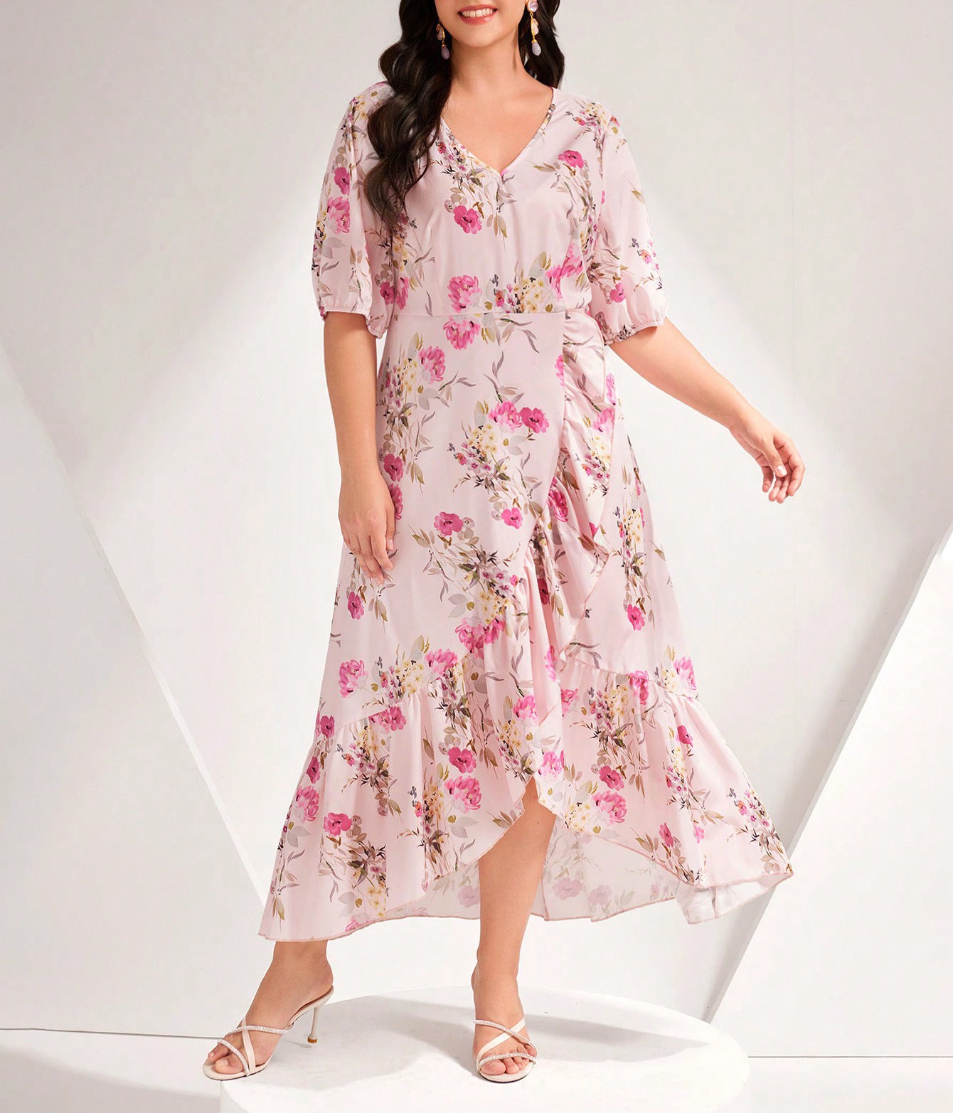 Plus size Women ruffled patchwork print v-neck short-sleeved dress