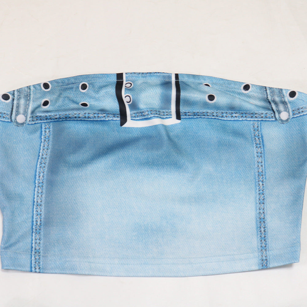 Women Printed Strapless Top and Skirt Sexy Two-piece Set 7